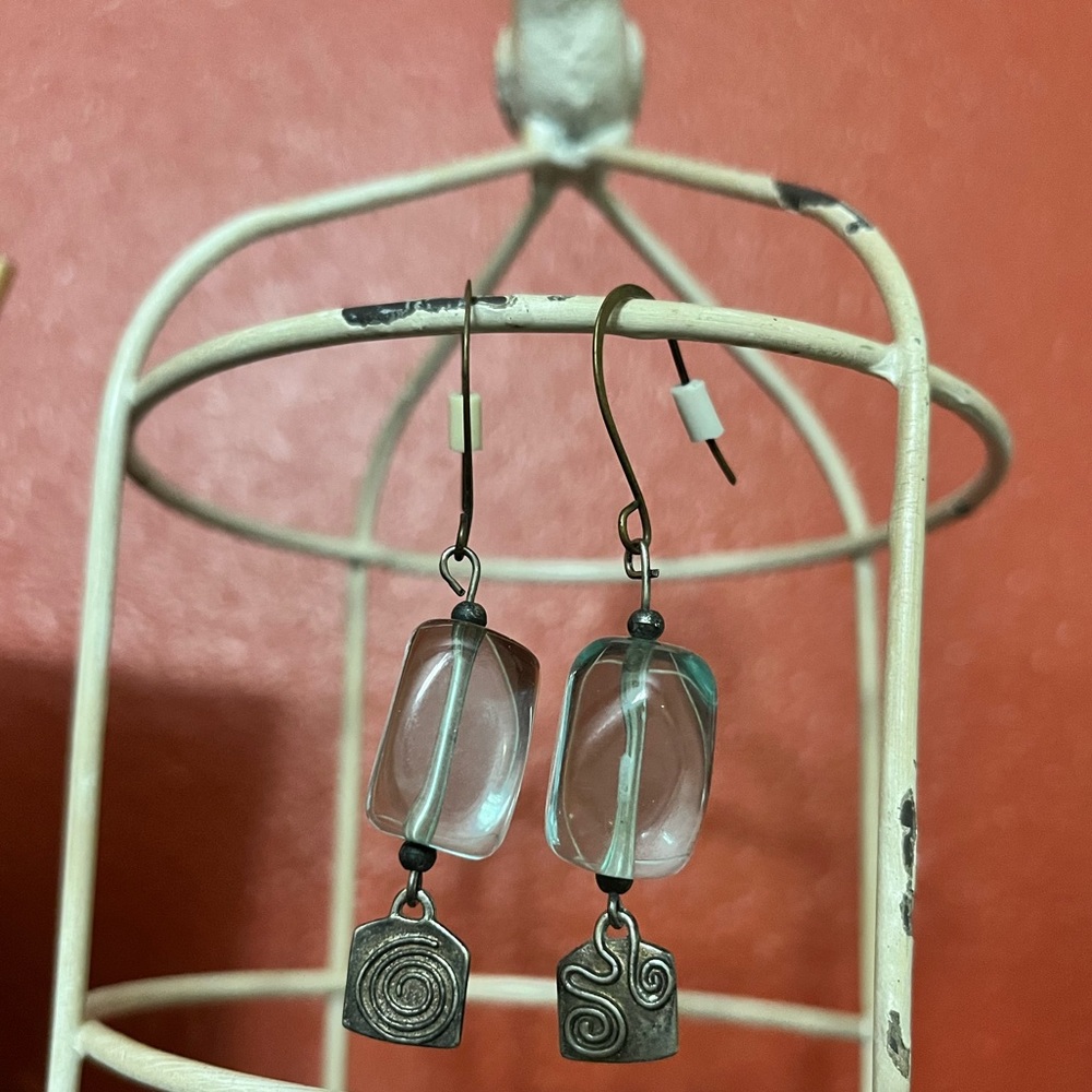BLUE RESIN FAUX SEA GLASS AND ANTIQUE METAL EARRINGS
